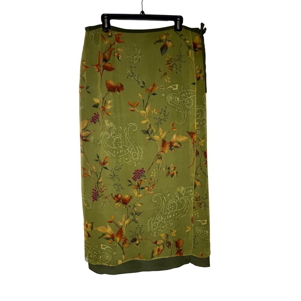 Vintage Valerie Stevens Wrap Skirt Olive Green Silk Midi Size L Fairycore Y2K